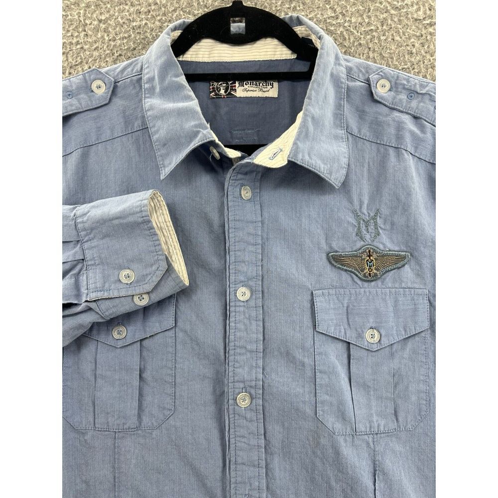 Monoarchy Shirt Mens XL Blue Stripes Y2K‎ Grunge Button Up Long Sleeve READ